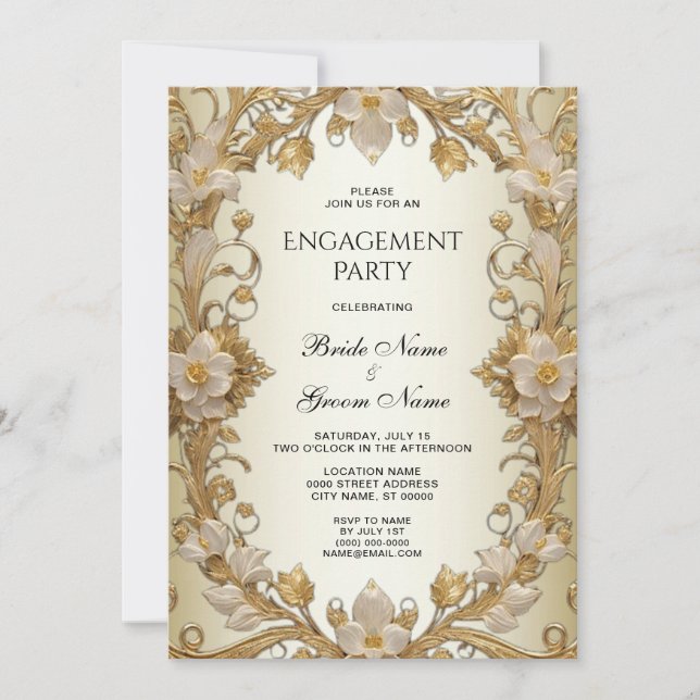 Invitación Compromiso de oro decorativo con flores blancas (Anverso)