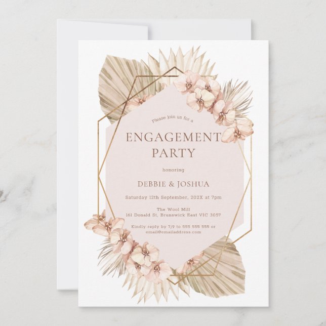 Invitación Compromiso de palma floral Boho Geométrico Rubor (Anverso)