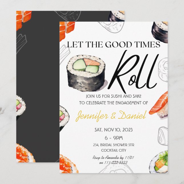 Invitación Compromiso de Pareja Japonesa con Rollo de Sushi (Anverso / Reverso)