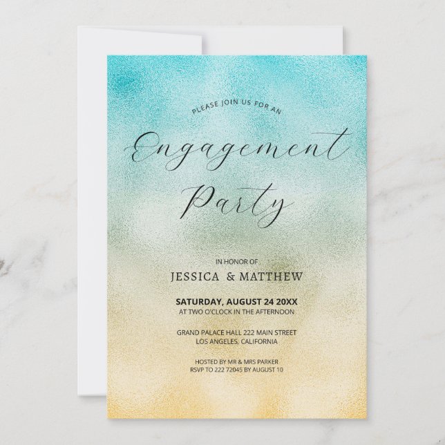 Invitación Compromiso de Relieve metalizado Aqua y Gold Ombre (Anverso)