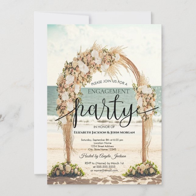 Invitación Compromiso de Rosas de Beach Wedding Arbor (Anverso)