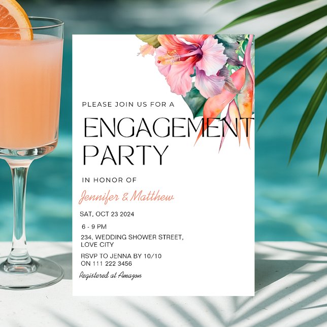 Invitación Compromiso de verano con Hibiscus floral tropical (Tropical Floral Hibiscus Hawaiian Engagement Party Invitation)