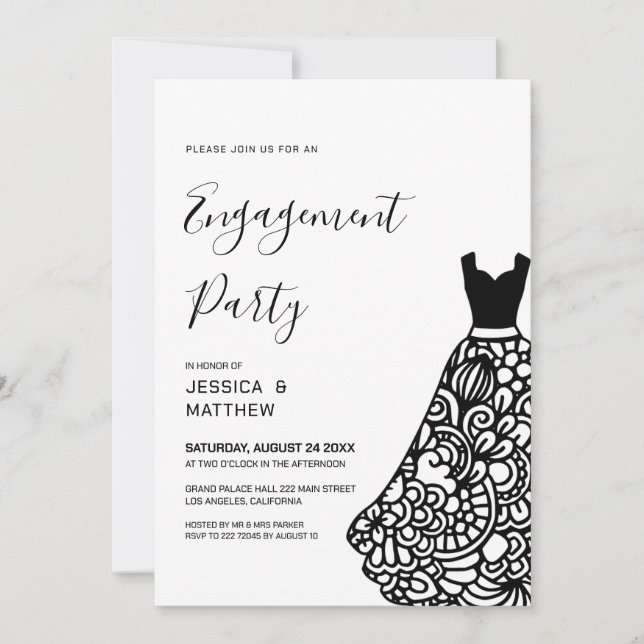 Invitación Compromiso de vestir de Boda de encaje negro (Anverso)