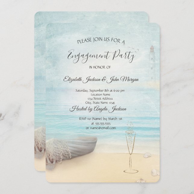 Invitación Compromiso de Vidrio de Faro de Barco de Playa (Anverso / Reverso)