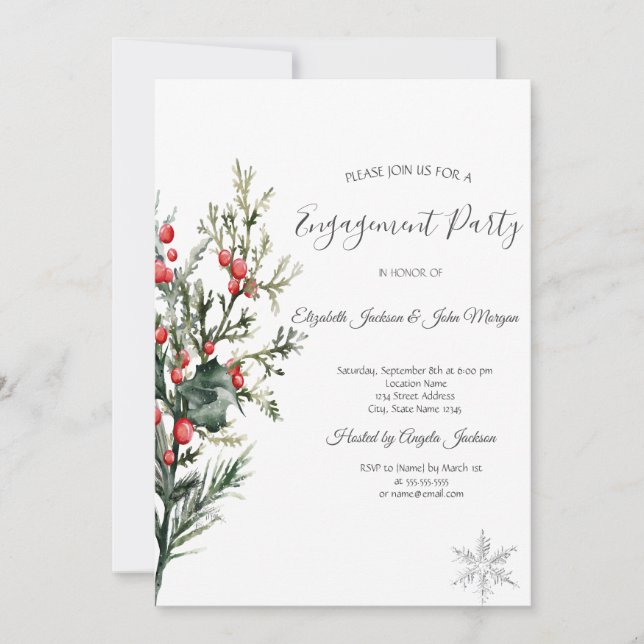 Invitación Compromiso de Watercolor Holly Berry Greeneration (Anverso)