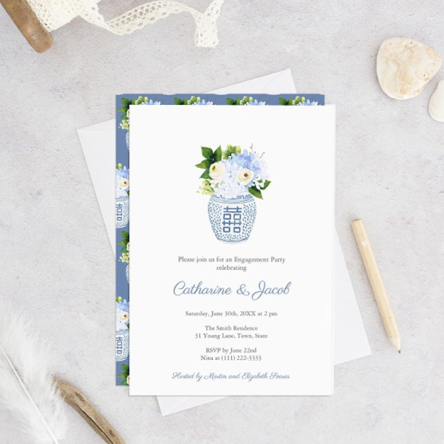 Invitación Compromiso del Boda blanco azul clásico Ginger Jar (Subido por el creador)