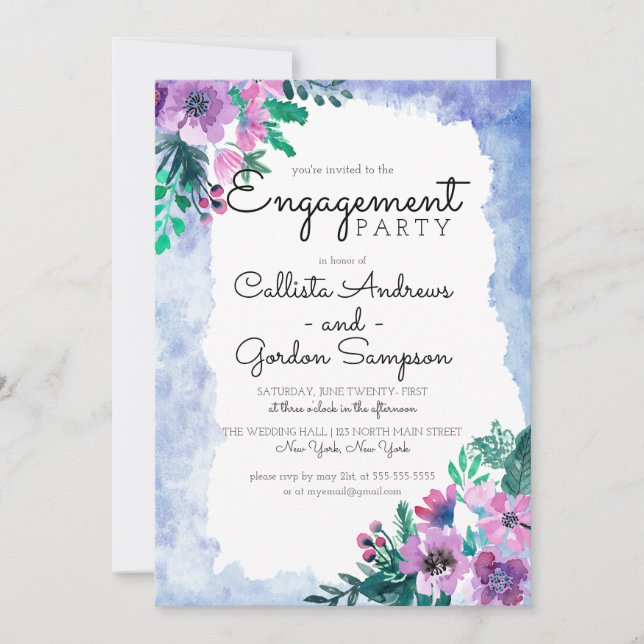 Invitación Compromiso del Boda de color azul morado floral (Anverso)