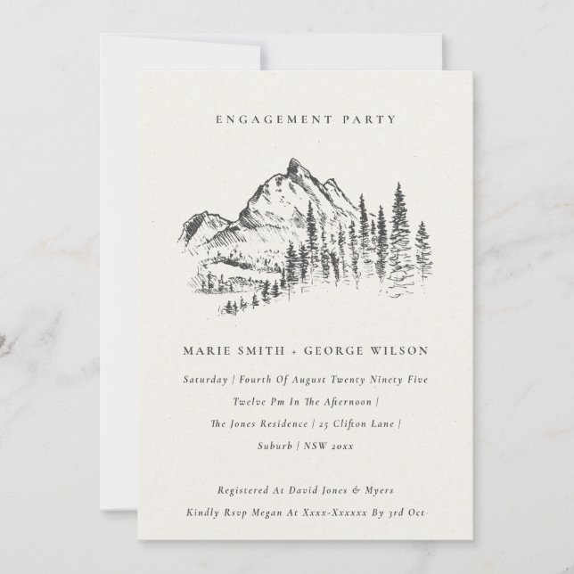 Invitación Compromiso del Boda de sketch de montaña de pino n (Anverso)