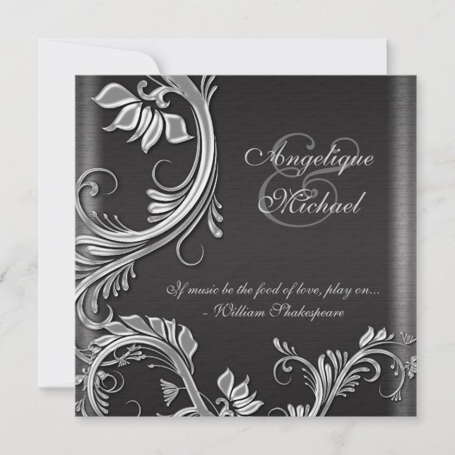 Invitación Compromiso del boda floral negro plateado (Anverso)