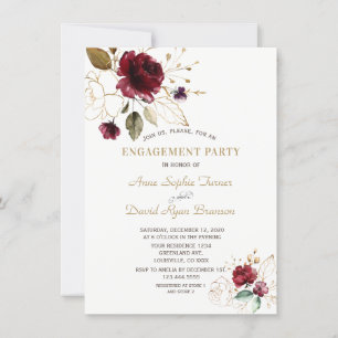 Invitación Compromiso del monograma floral de oro de Borgoña