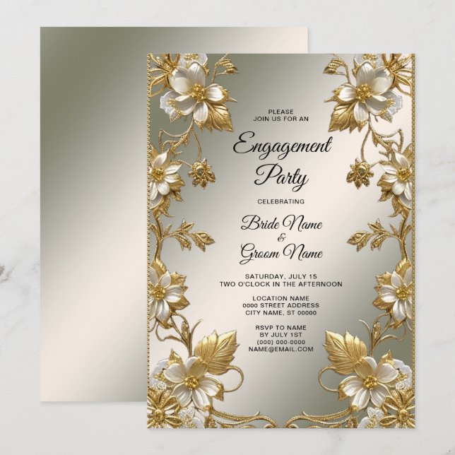 Invitación Compromiso del Ornato de Oro Floral Blanco (Anverso / Reverso)