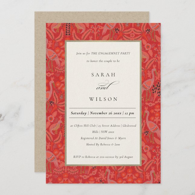 Invitación Compromiso del patrón de pavo real Ornate Red Clas (Anverso / Reverso)