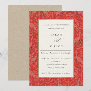 Invitación Compromiso del patrón de pavo real Ornate Red Clas