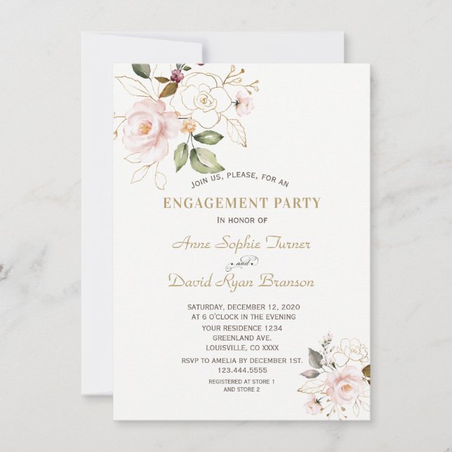 Invitación Compromiso Delicado de Monograma de Flores de Oro  (Anverso)