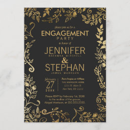 Invitación Compromiso elegante con flor dorada negro y amaril