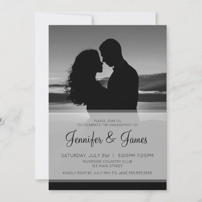 Invitación Compromiso elegante de fotografías en blanco y neg (Anverso)
