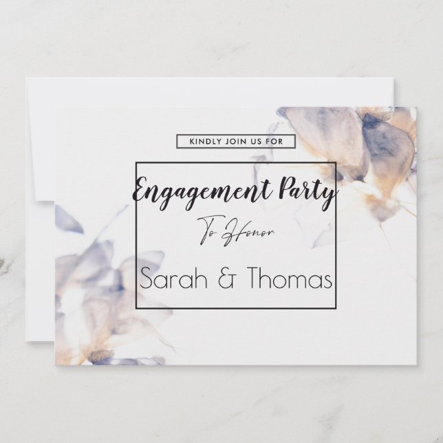 INVITACIÓN COMPROMISO ELEGANTE FLORAL DE PATELE BLANCO Y AZUL (Anverso)