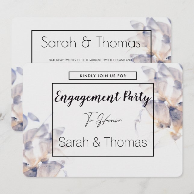 INVITACIÓN COMPROMISO ELEGANTE FLORAL DE PATELE BLANCO Y AZUL (Anverso / Reverso)