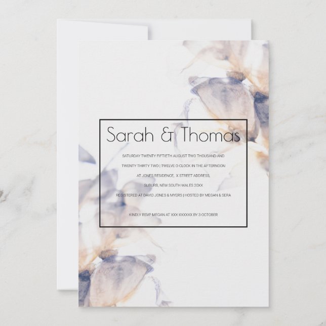 INVITACIÓN COMPROMISO ELEGANTE FLORAL DE PATELE BLANCO Y AZUL (Reverso)