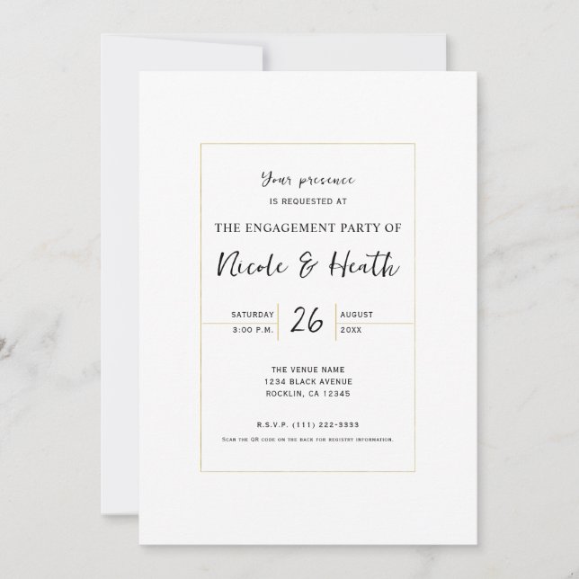 Invitación Compromiso Elegante Mínimo Blanco Y Oro Moderno (Anverso)