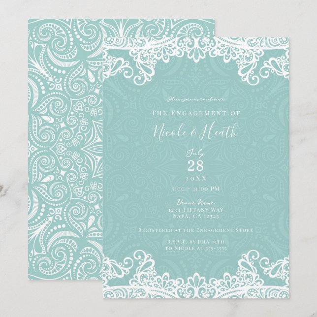 Invitación Compromiso Elegante Verde azulado de encaje blanco (Anverso / Reverso)