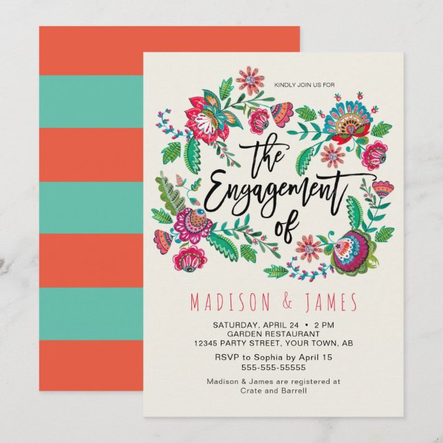 Invitación Compromiso floral a rayas de naranja y turquesa bo (Anverso / Reverso)