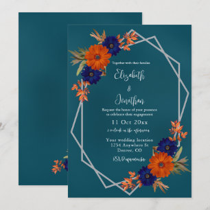 Invitación Compromiso floral azul de la Marina Naranja de oto