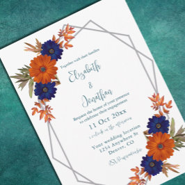Invitación Compromiso floral azul de la Marina Naranja de oto