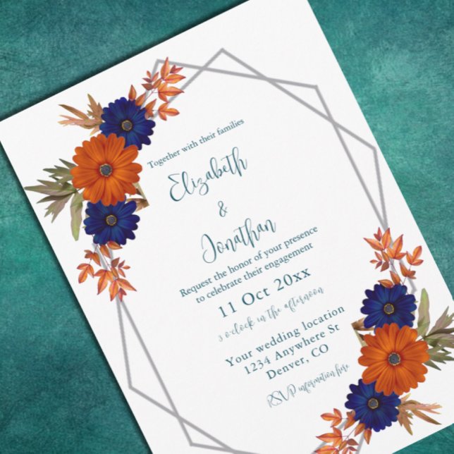 Invitación Compromiso floral azul de la Marina Naranja de oto (Subido por el creador)