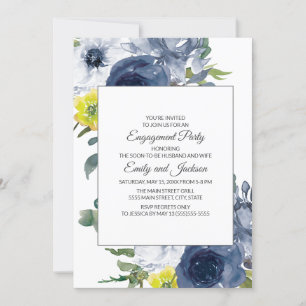 Invitación Compromiso floral azul marino amarillo blanco