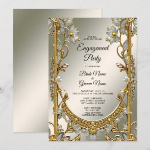 Invitación Compromiso floral blanco con ornamento dorado