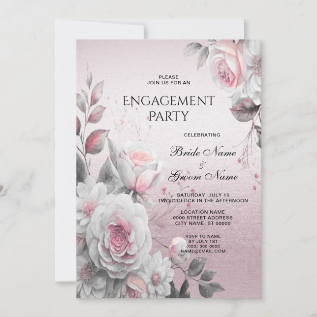 Invitación Compromiso floral blanco rosado (Anverso)