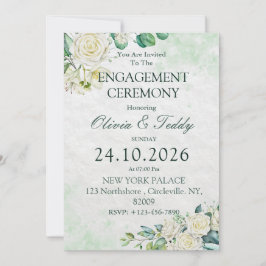 Invitación Compromiso floral de acuarela verde y blanca