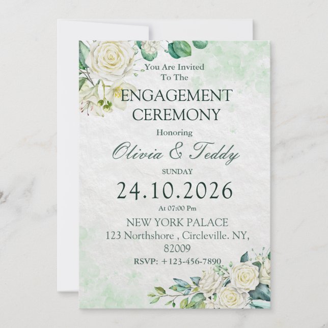 Invitación Compromiso floral de acuarela verde y blanca (Anverso)