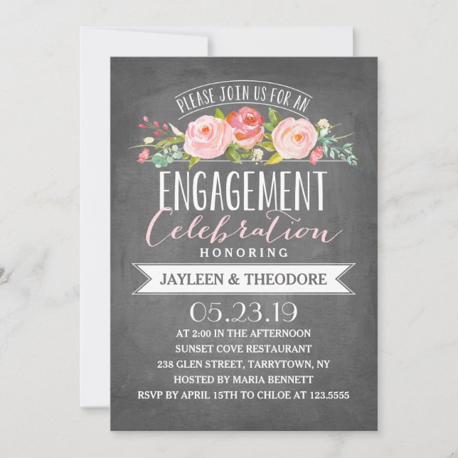 Invitación Compromiso floral de Chalkboard | Fiesta de compro (Anverso)