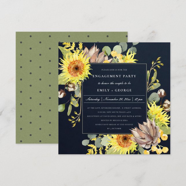 INVITACIÓN COMPROMISO FLORAL DE EUCALÍPTUS RUSTIC NAVY SUNFLO (Anverso / Reverso)