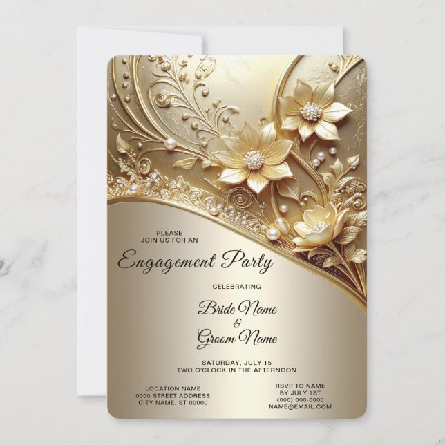 Invitación Compromiso Floral de Oro Ornamentado Moderno con P (Anverso)