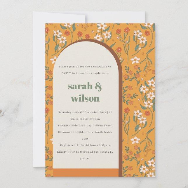 Invitación Compromiso floral del arco retro de Groovy Naranja (Anverso)