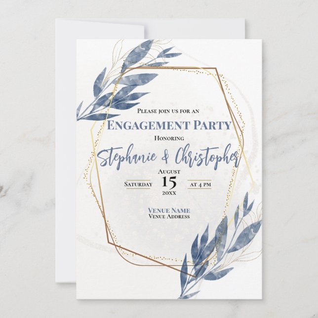 Invitación Compromiso floral Dusty Blue Gold Eucalyptus (Anverso)