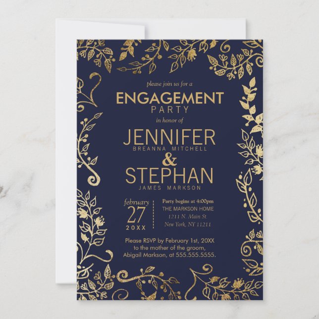 Invitación Compromiso floral elegante de la Marina Azul y Oro (Anverso)