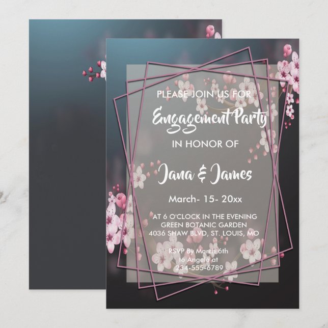 Invitación Compromiso floral geométrico con flores de cerezo (Anverso / Reverso)