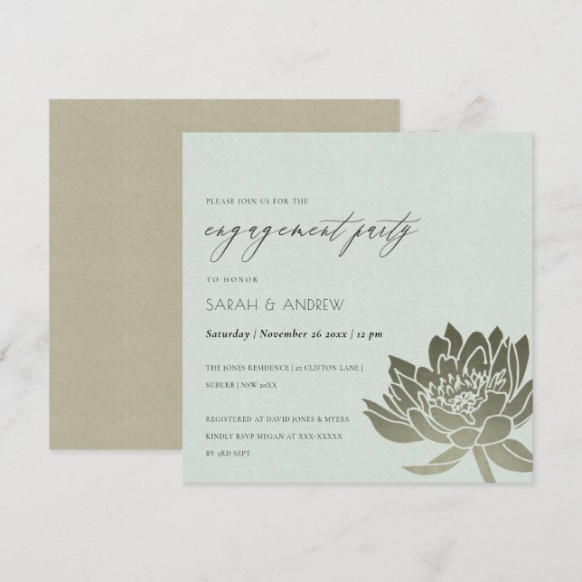 INVITACIÓN COMPROMISO FLORAL GLAMOROSO PALE BLUE SILVER LOTUS (Anverso / Reverso)