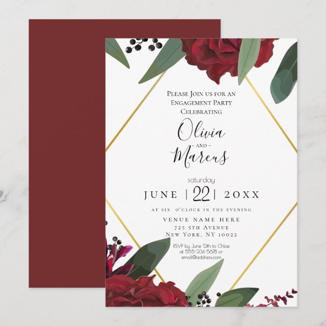Invitación COMPROMISO | Floral Marsala Burgundy Rico Elegante (Anverso / Reverso)
