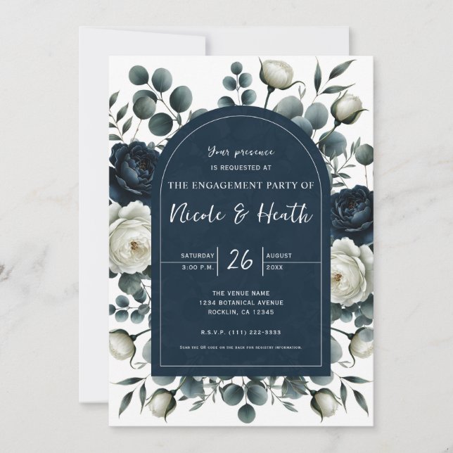 Invitación Compromiso floral moderno azul oscuro y blanco (Anverso)