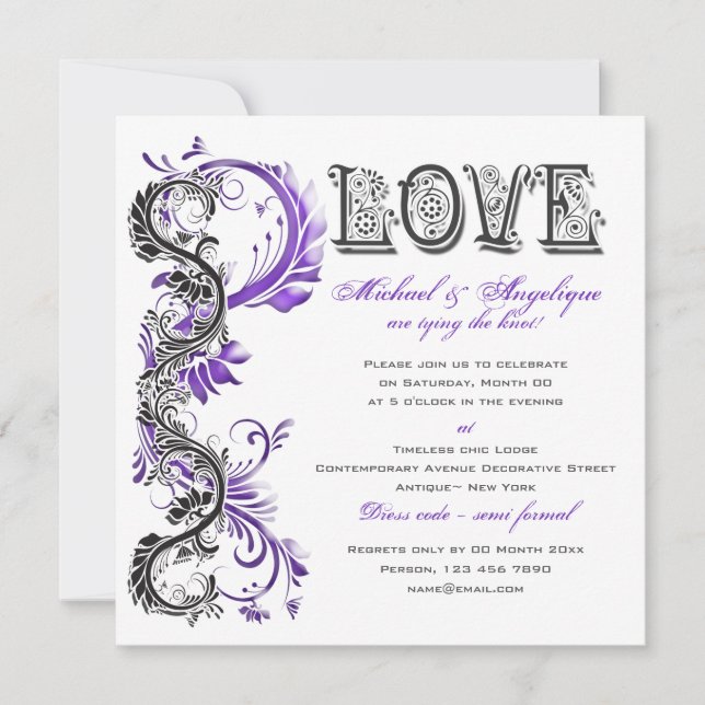 Invitación Compromiso floral negro púrpura del remolino (Anverso)