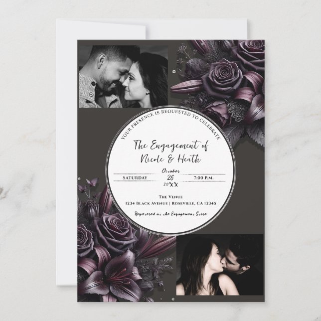 Invitación Compromiso floral Rosa Berry Purple & Black Lily (Anverso)