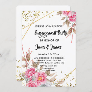 Invitación Compromiso floral rosado geométrico con marco dora