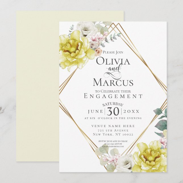 Invitación COMPROMISO | Flores de acuarela amarillas soleadas (Anverso / Reverso)