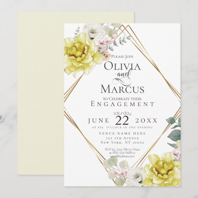 Invitación COMPROMISO | Flores de Acuarela Amarillo Soleado (Anverso / Reverso)