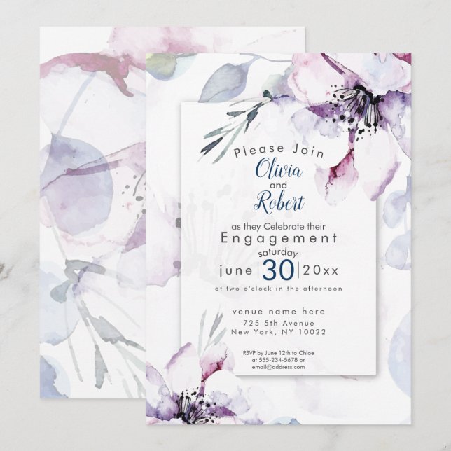 Invitación COMPROMISO | Flores de acuarela y oliage (Anverso / Reverso)